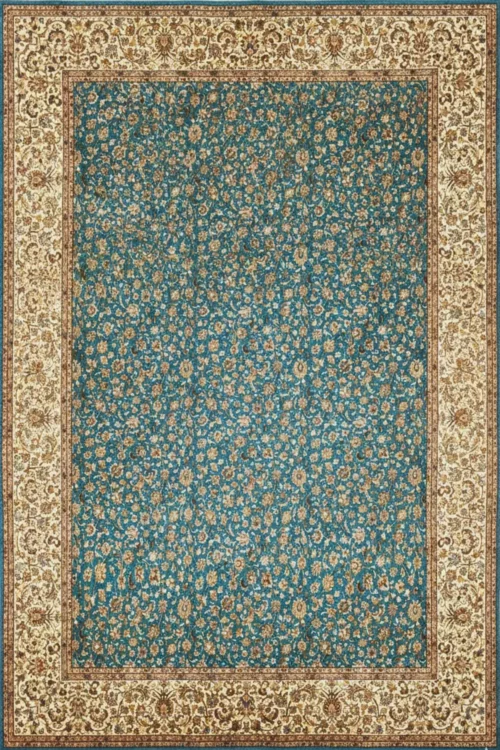 All Over Turquoise Blue Ivory Border Kashan Design Silk Rug