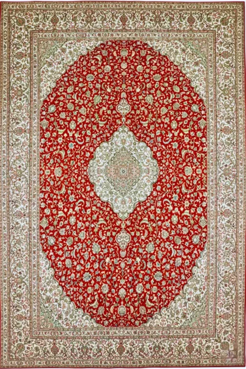 Finest Pure Silk Red Centre Medallion Kashan Handmade Carpet