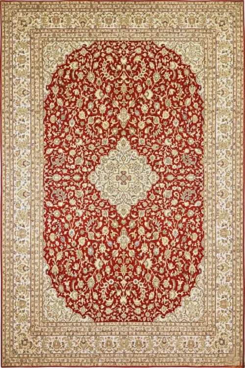 Ivory Red Kashan Medallion Pure Silk Kashmir Hand Knotted Carpet