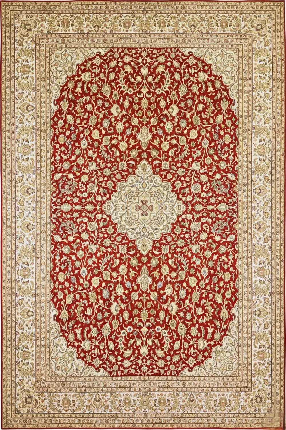 Ivory Red Kashan Medallion Pure Silk Kashmir Hand Knotted Carpet