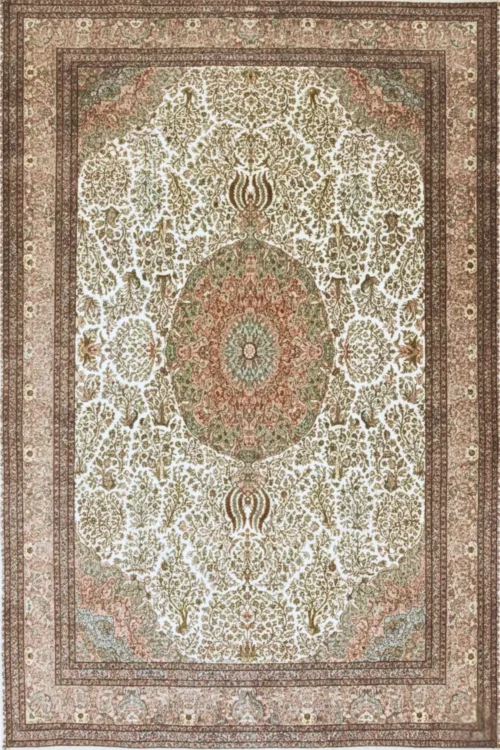 Nain Jhoomar Medallion Ivory Pure Silk Luxury Handmade Carpet