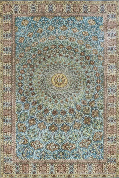 Peacock Medallion Turquoise Hand Knotted Pure Silk Carpet