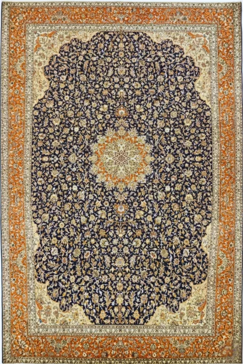 Rust Dark Blue Kashan Floral 9 x 12 Feet Hand Knotted Carpet