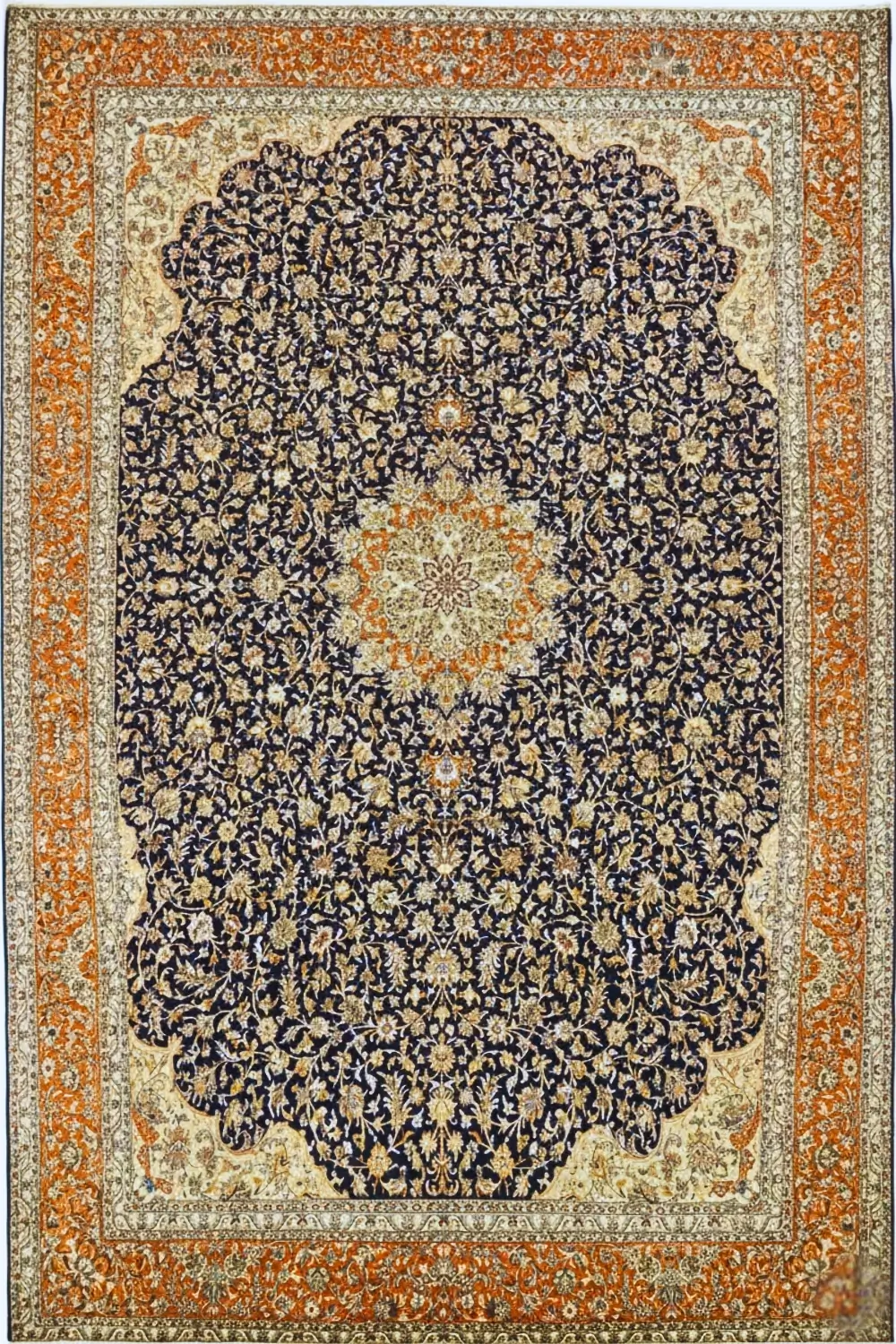 Rust Dark Blue Kashan Floral 9 x 12 Feet Hand Knotted Carpet