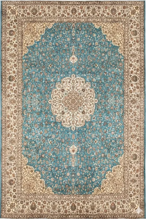 Turquoise Medallion Pure Silk Hand Knotted Carpet