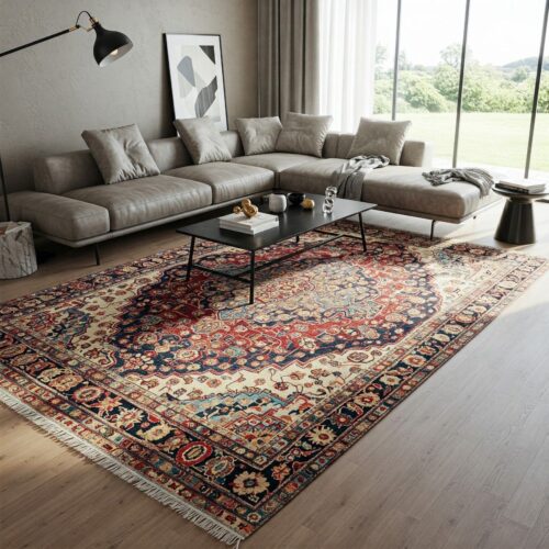 A handmade carpet not matching the interiors of the room