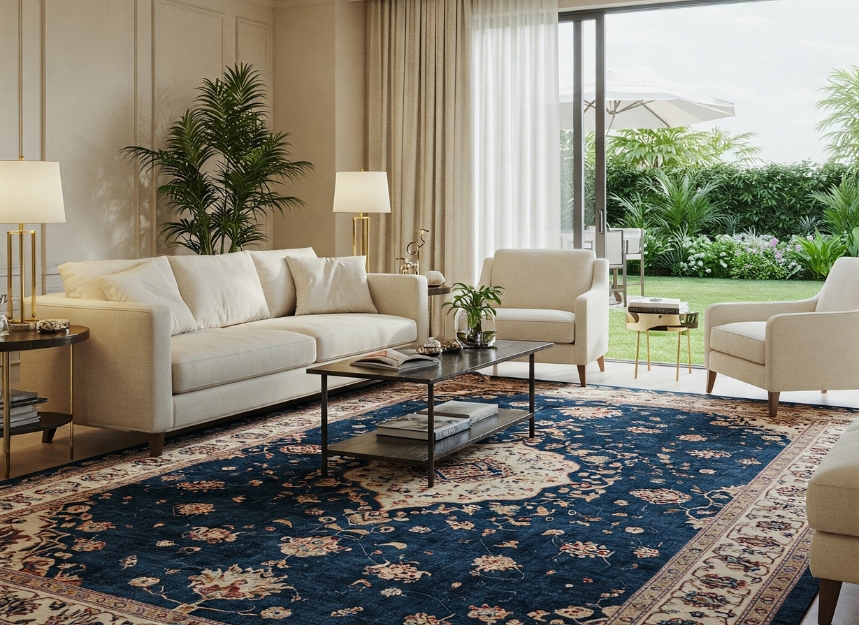 Navy Blue Handmade Carpet By Yak Carpet