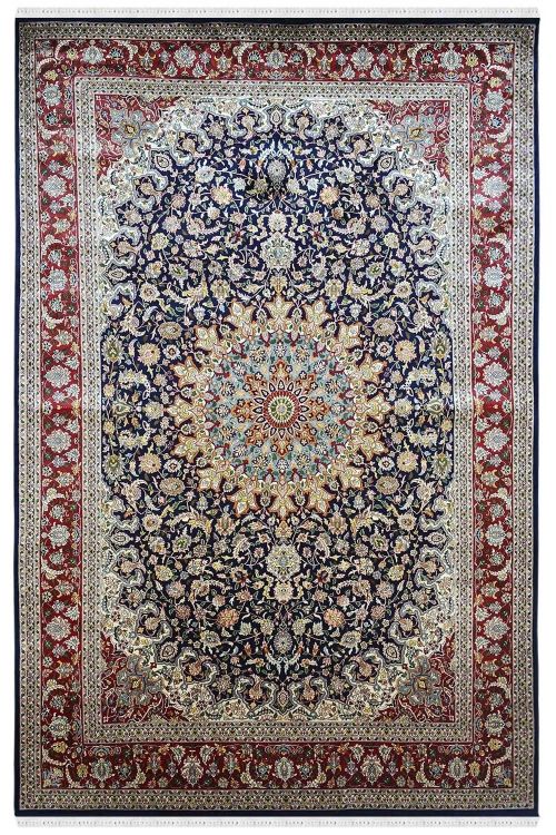 Blue Kashan Medallion Handmade Pure Silk Carpet