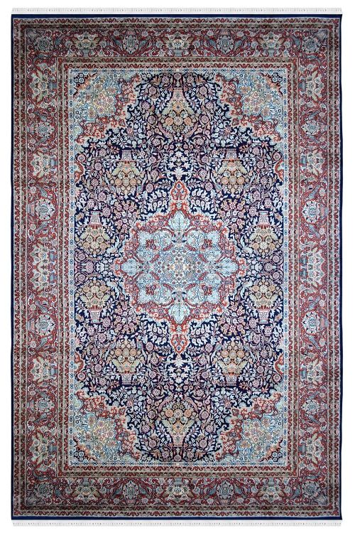 Floral Kashan Medallion Blue Handknotted Silk Floor Rug