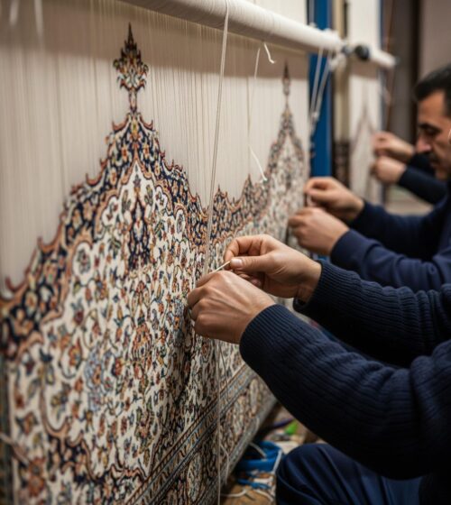 It is here that the magic is done. Experienced weavers use a vertical loom and knot thousands of stitches (by hand, one by one) using knots. Every knot is a sign of accuracy.