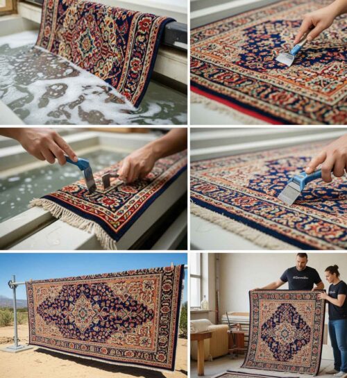 After finishing weaving, the rug will undergo a careful stage of washing, clipping and stretching.