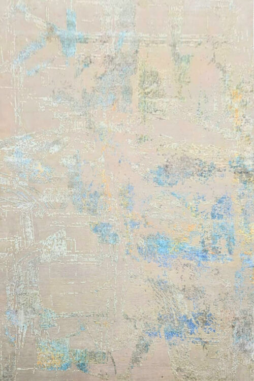 Beige Blue Abstract Handknotted Modern Area Carpet
