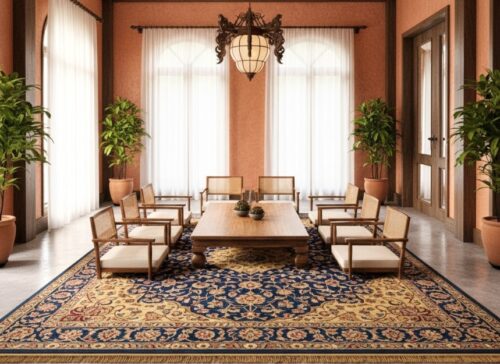 Open spaces may also use fine carpets that serve as centrepieces. Under your primary sitting space or the dining table, you can place a handmade silk carpet to identify the area and create sophistication. Interiors of South East Asian homes are usually low sitting seating or earthy- the combination of a low sitting seating with a well-woven material rug adds texture and sophistication. An all-over floral or medallion-patterned carpet is very useful to stabilise the decor.  