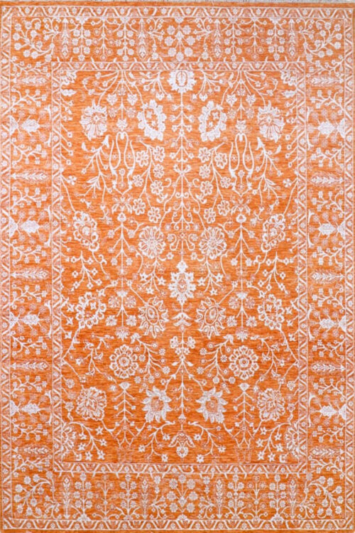 Inspired by oushak-style patterns with a bold saffron orange field and white floral detailing. Meticulously hand-knotted from natural wool.