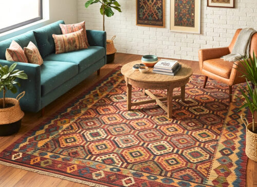 A Kilim is most traditionally used as a floor covering. Its bright geometrical shapes and vivid colours immediately turn a drab entrance into an energetic centre of attention. A handwoven Kilim rug would put a sense of international style and cosiness in the living room, in the dining space, or in the bedroom. It is light, durable and easy to maintain due to the flatweave texture that suits daily life use in an eclectic home.