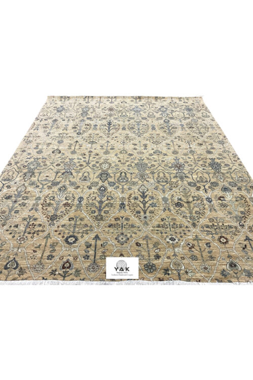 An ultimate neutral rug. This hand-knotted wool carpet has a relaxing colour of Beige as the main colour, which gives it a very sophisticated appearance. The style is an All-over Boteh Oushak design, which is composed of floral designs in a graceful repetition and motifs throughout the field. The size of the rug is 8' x 10' ft. / 243 x 304 cm. Handknotted using high-quality New Zealand wool, this carpet has dense pile and high durability. The traditional craftsmanship and the modern transitional styling are perfectly combined in its neutral palette with the shades of grey and blue. Best-suited in living rooms, dining rooms or master bedrooms.