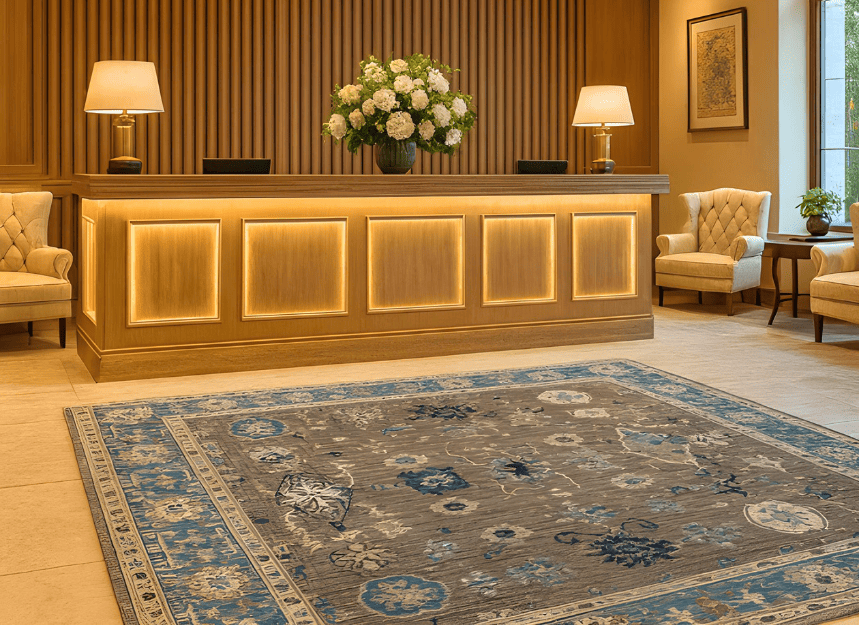 Oushak Rug in a hotel's reception