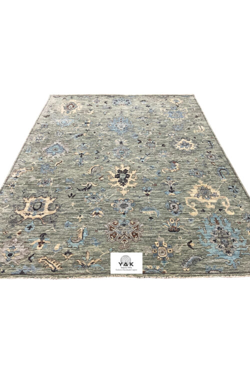 Sage Green Abstract Floral Hand-Knotted Carpet