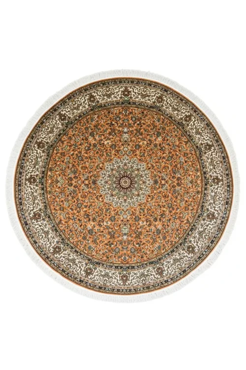 Mehrab Rust Medallion Pure Silk Round Carpet