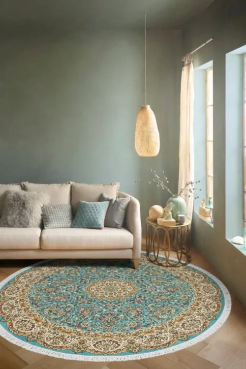 Neel Kashan Medallion Handknotted Round Carpet in living room