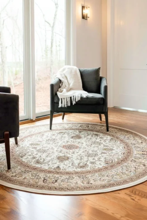 Ivory Garden Pure Silk Handmade Round Carpet in Living Room