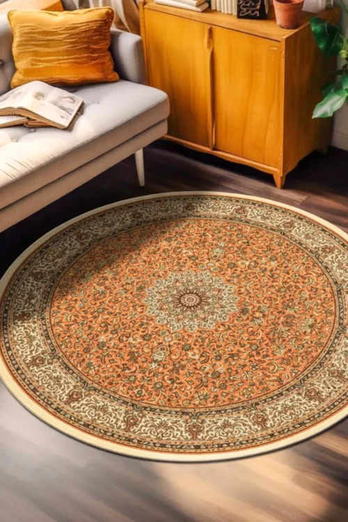 Mehrab Rust Medallion Pure Silk Round Carpet in Living Room