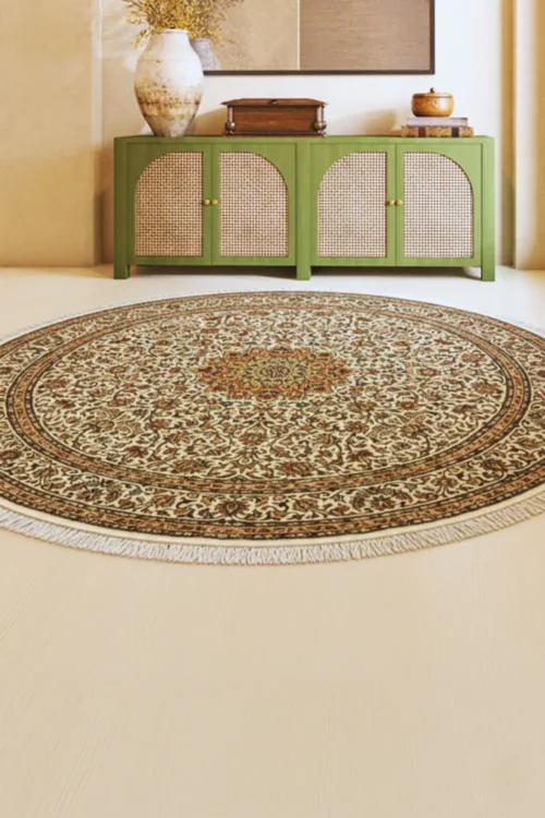 Mehr-e-Kashan Pure Silk Handmade Round Carpet in living room