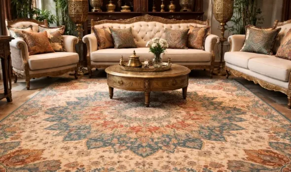 Indian heritage inspired contemporary handmade carpet design for modern interiors.