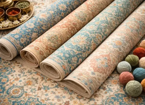 Intricate handmade carpet with vibrant details and rich colors showcasing Indian craftsmanship