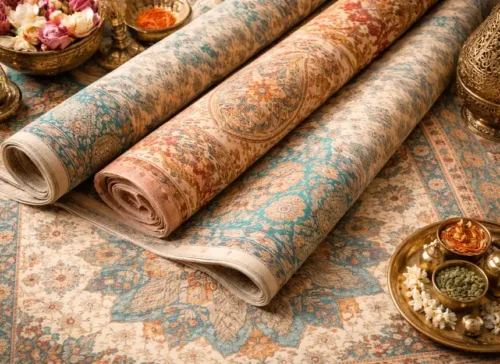 Intricate handmade Indian carpet styled with traditional brass decor showcasing heritage craftsmanship