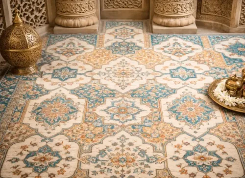 Mughal-inspired handmade carpet with brass decor accents showcasing traditional Indian craftsmanship