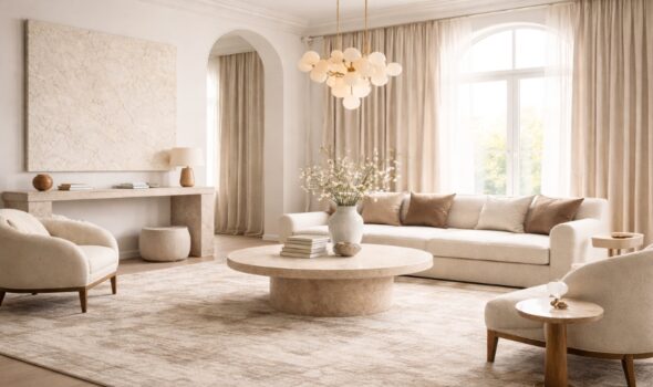 Quiet luxury living room featuring a handmade carpet in neutral tones with an elegant minimalist interior