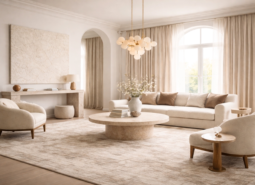 Quiet luxury living room featuring a handmade carpet in neutral tones with an elegant minimalist interior