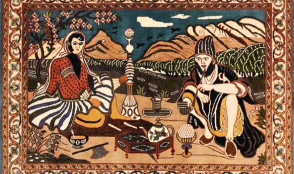 Handknotted pictorial handmade carpet by Yak Carpet featuring a traditional scene with figures, mountains and detailed floral border, used as wall art.