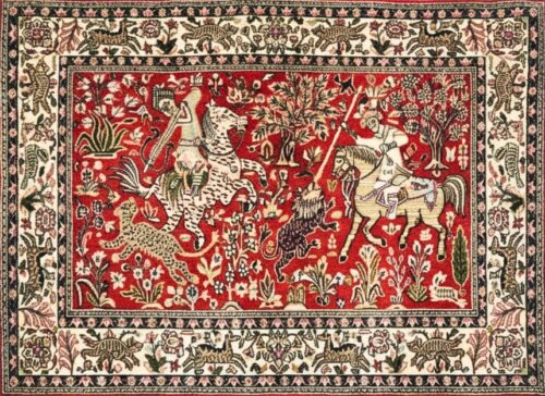 Hunting design pure silk handmade carpet