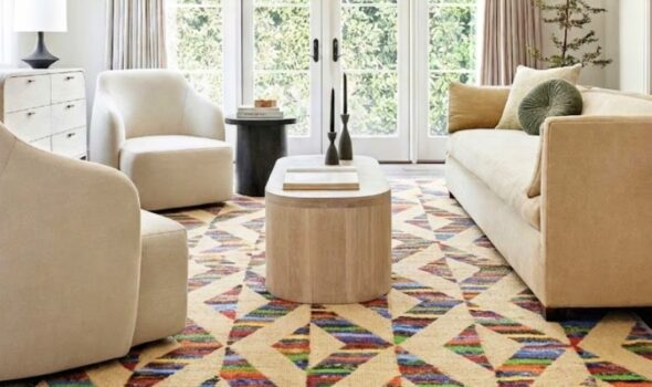 Handmade handknotted wool carpet by Yak Carpet transforming a bright spring living room with elegant decor.