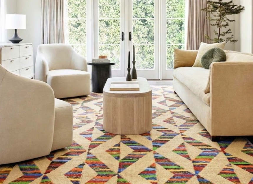 Handmade handknotted wool carpet by Yak Carpet transforming a bright spring living room with elegant decor.