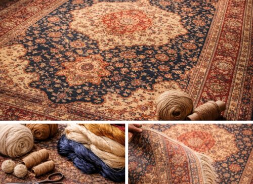 Close-up of antique handmade Persian rug with intricate traditional patterns