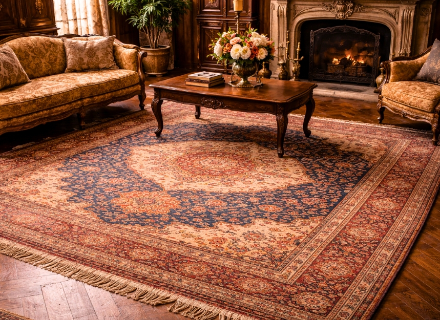 Authentic antique handmade carpet placed in a luxury interior setting