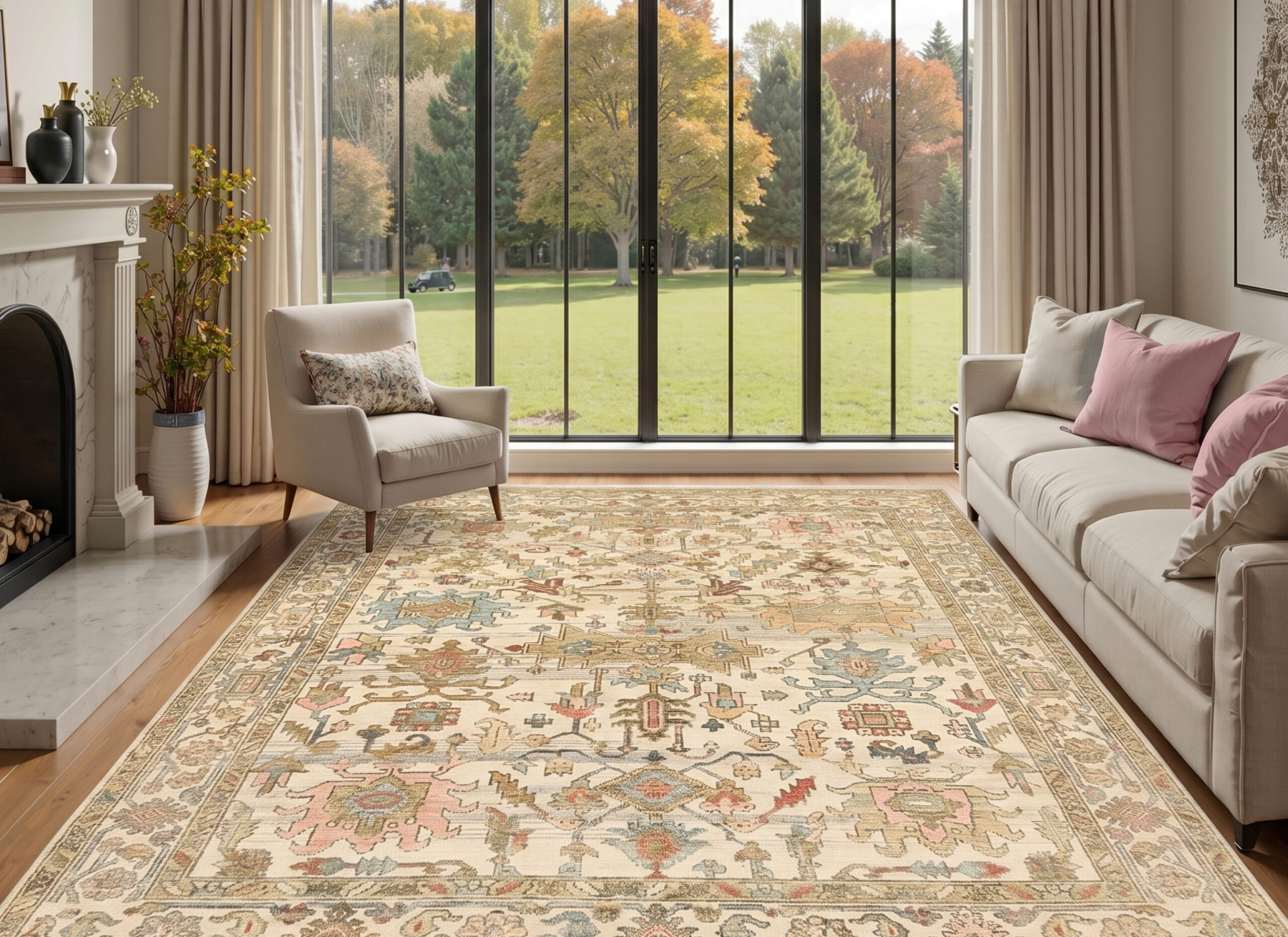 Modern handmade rugs comparison showing wool, silk, and viscose materials with different textures and finishes in a luxury living room setting by Yak Carpet